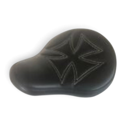 Champ Customs Shop wide black vinyl solo motorcycle seat with red stitched iron cross design for custom bikes