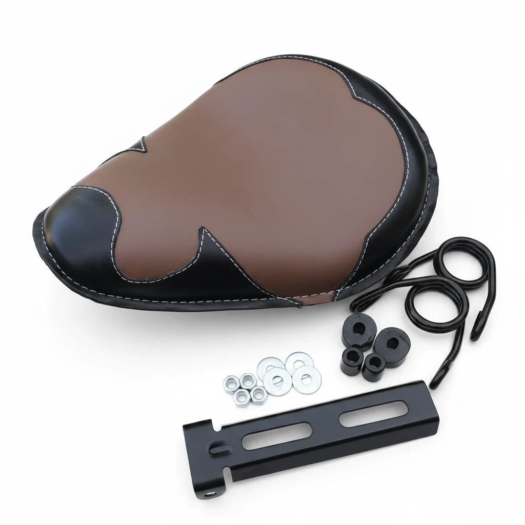 Champ Customs Shop brown and black genuine leather motorcycle solo seat with mounting hardware and springs