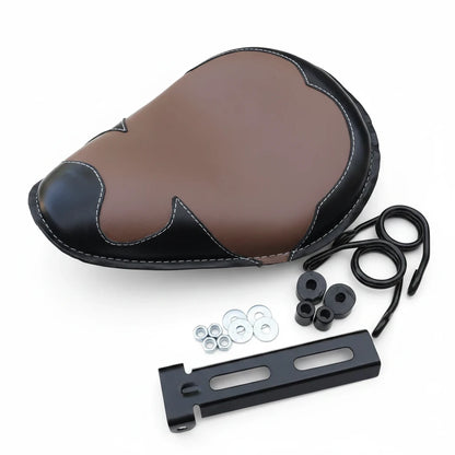 Champ Customs Shop brown and black genuine leather motorcycle solo seat with mounting hardware and springs