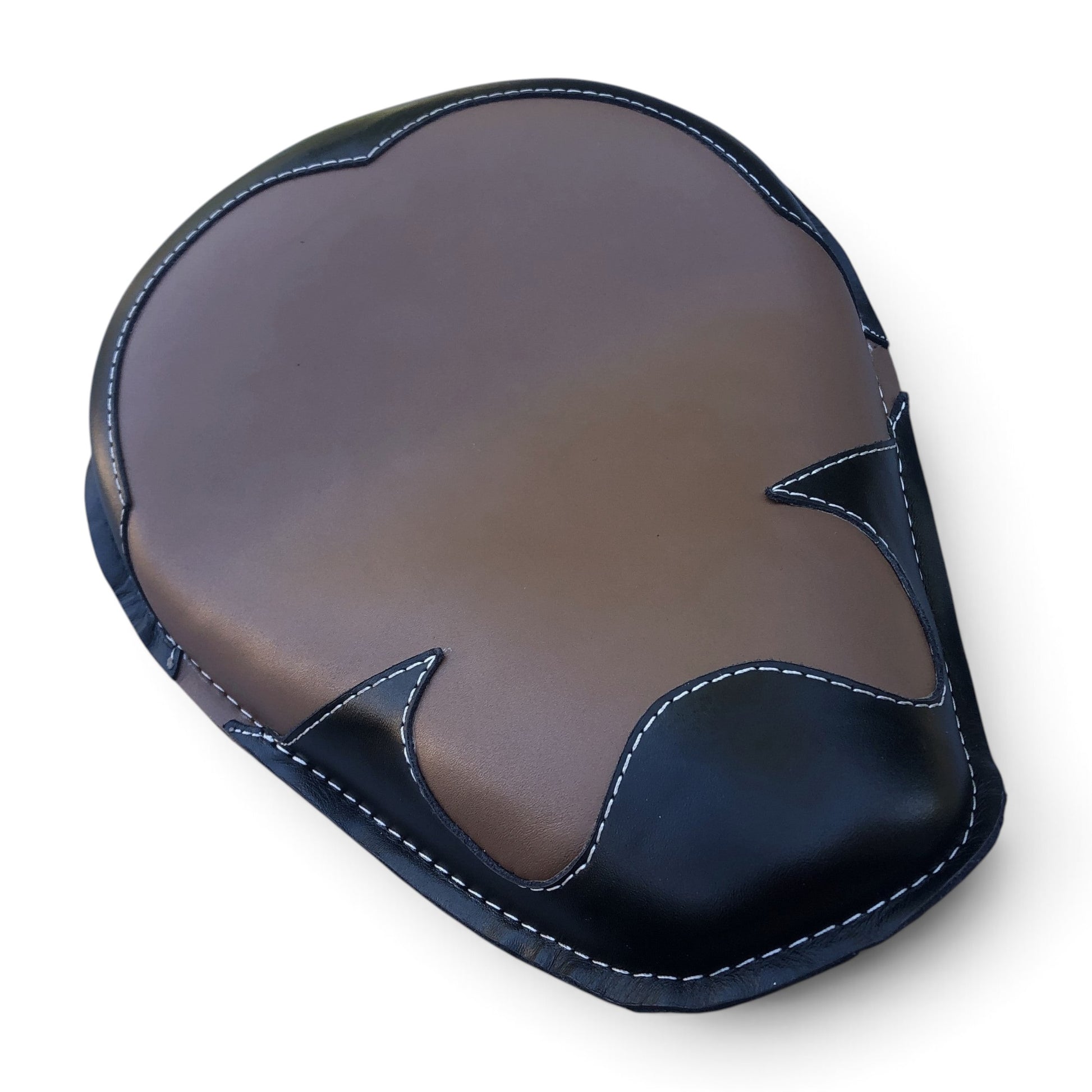 Champ Customs Shop genuine leather solo motorcycle seat in brown and black with hand-stitched detailing