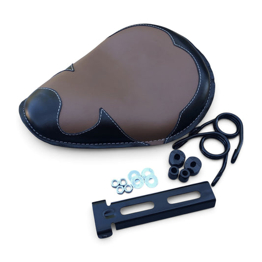 Champ Customs Shop genuine leather solo motorcycle seat in brown and black with mounting hardware and springs