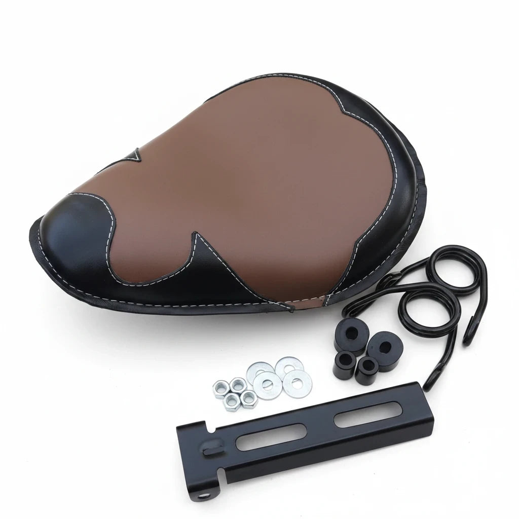 Champ Customs Shop genuine leather solo motorcycle seat in brown and black with hand-stitched details and mounting kit