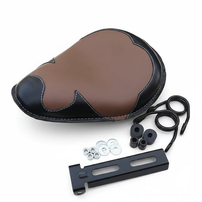 Champ Customs Shop genuine leather solo motorcycle seat in brown and black with hand-stitched details and mounting kit