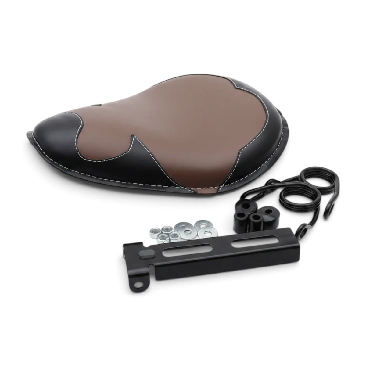 Champ Customs Shop genuine leather solo motorcycle seat in brown and black with mounting kit and springs