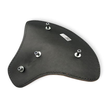 Underside of a Harley Tractor Style Solo Seat Genuine Tan Leather for Honda Bobber Chopper Yamaha