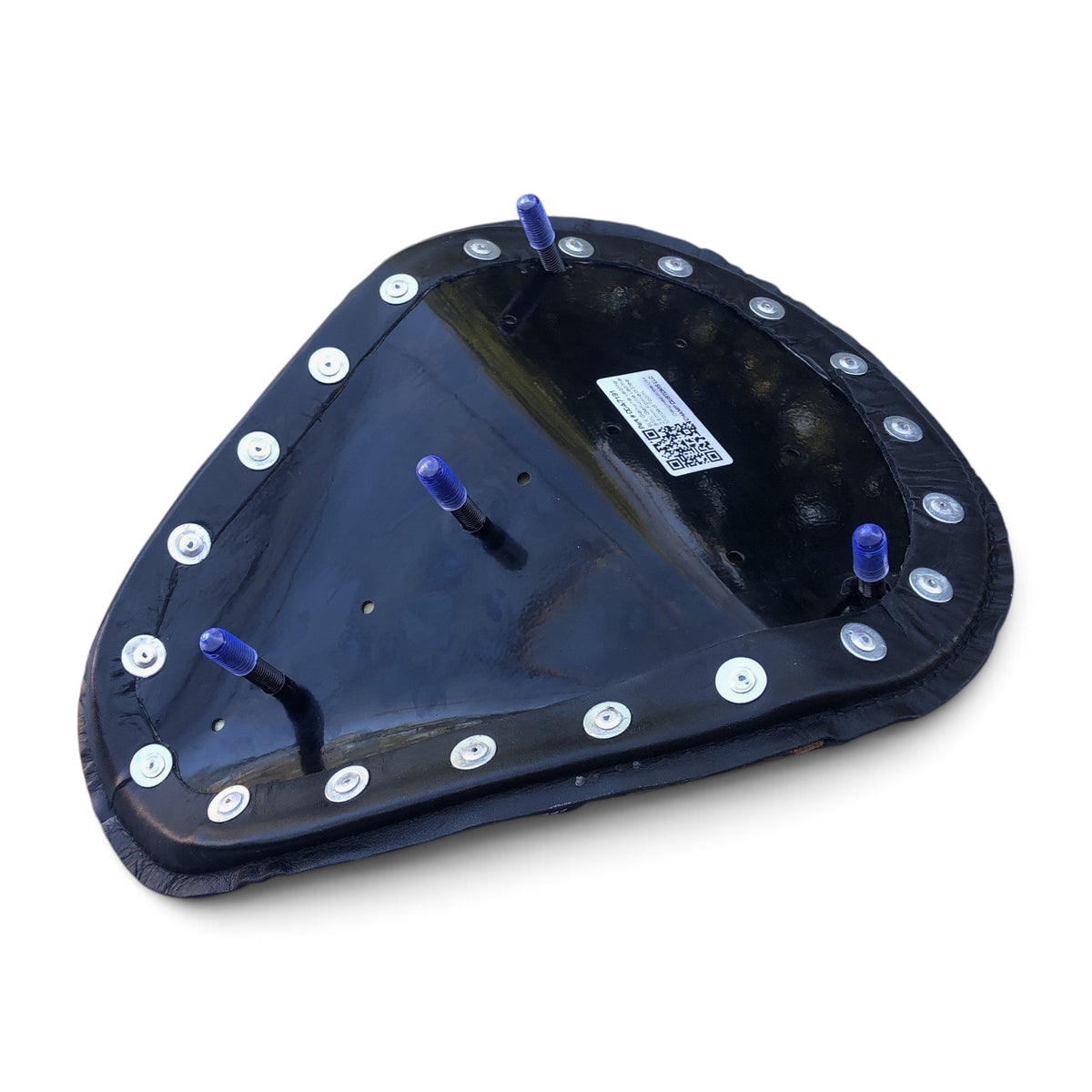 Champ Customs Shop universal motorcycle solo seat showing the black steel base pan with mounting bolts and hardware