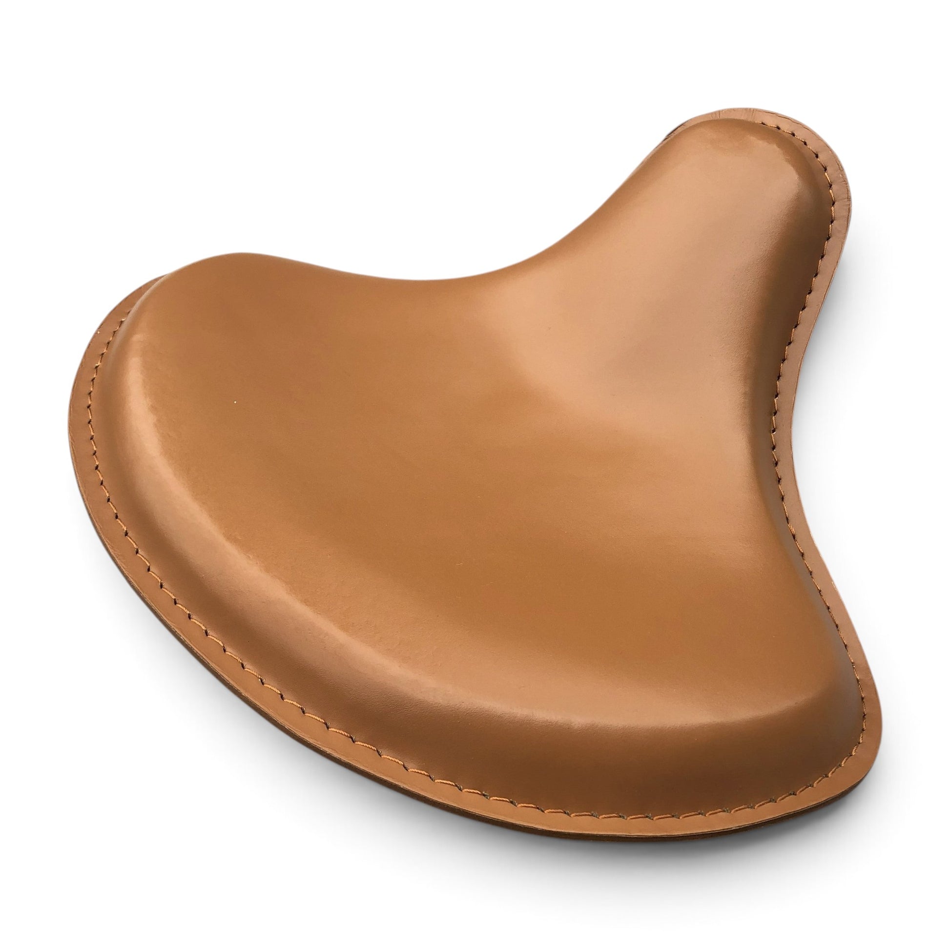 Champ Customs Shop tan genuine leather tractor style solo motorcycle seat with hand-stitched detailing.