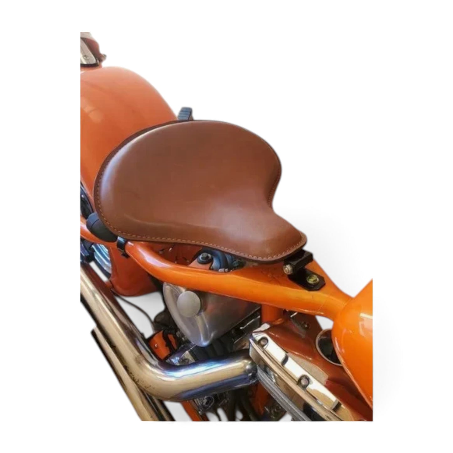 Champ Customs Shop tan genuine leather tractor style solo motorcycle seat mounted on an orange bobber frame