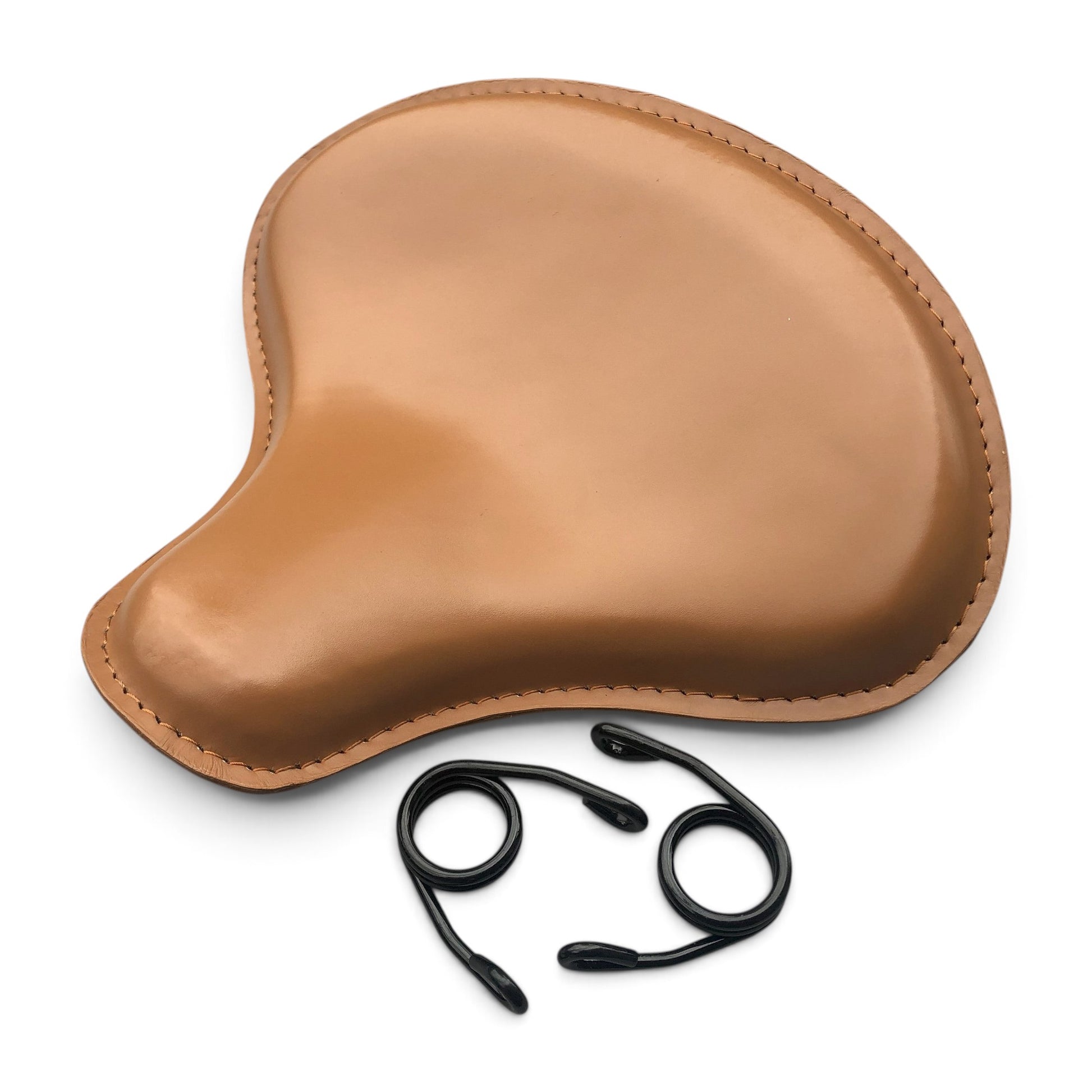 Champ Customs Shop tan genuine leather tractor style solo chopper bobber seat with black steel springs