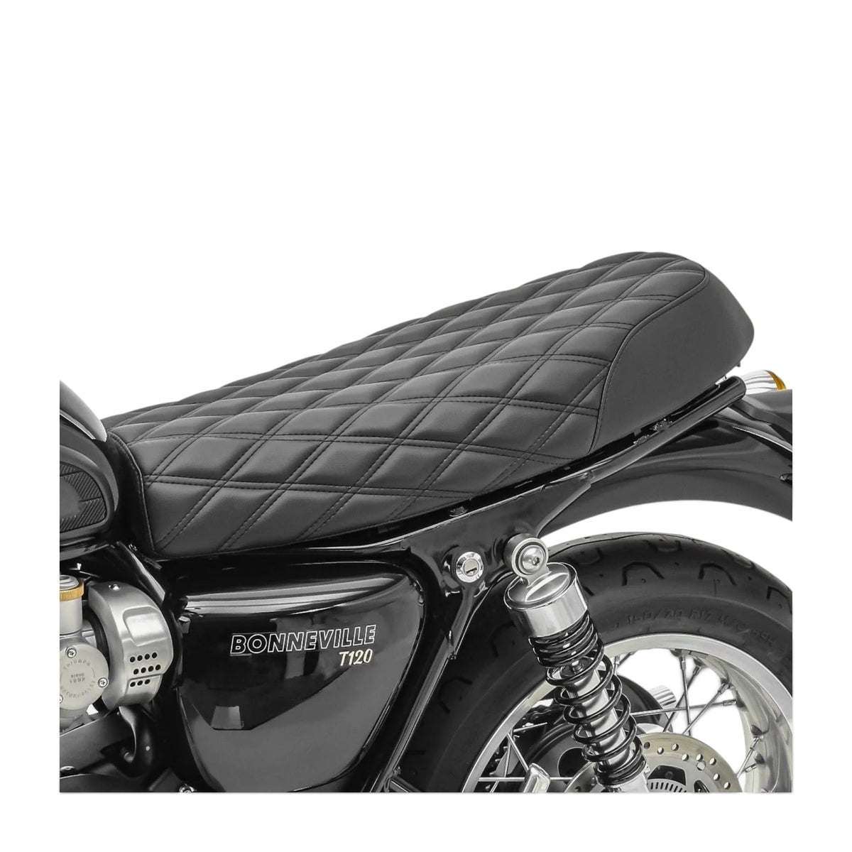 Champ Customs Shop black diamond stitch gel seat for Triumph Bonneville motorcycle, side profile view.