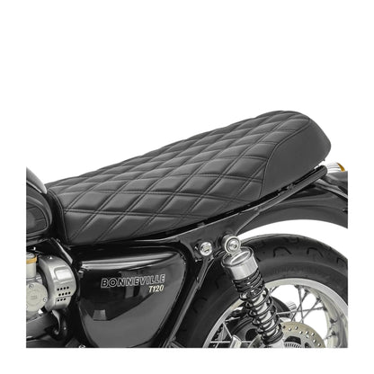 Champ Customs Shop black diamond stitch gel seat for Triumph Bonneville motorcycle, side profile view.