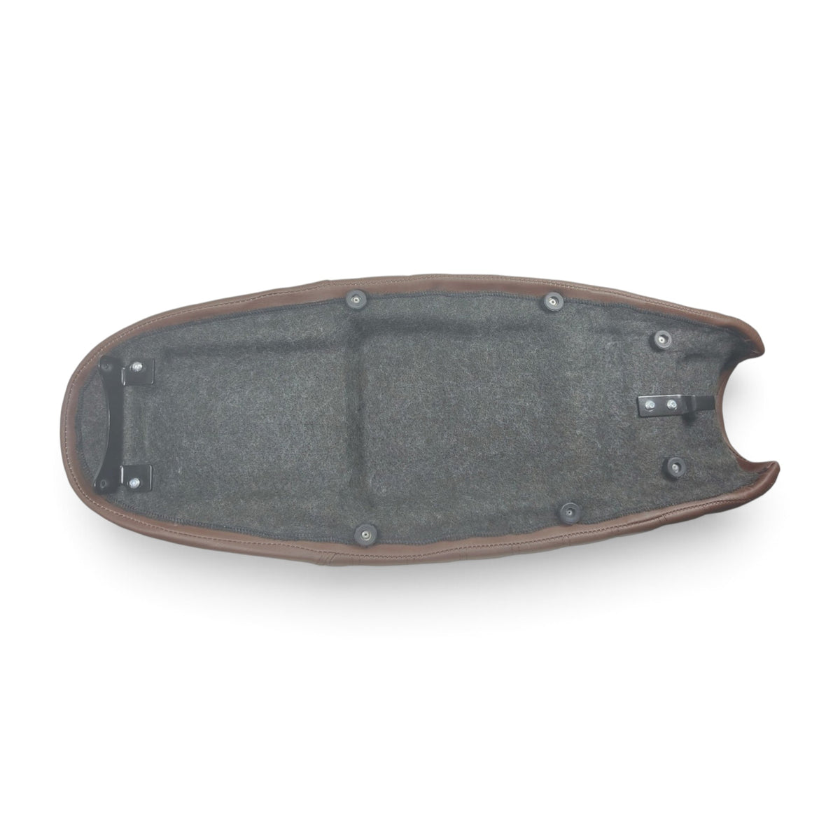 Champ Customs Shop Triumph Bonneville dual gel seat with brown leather and diamond stitching, underside view.