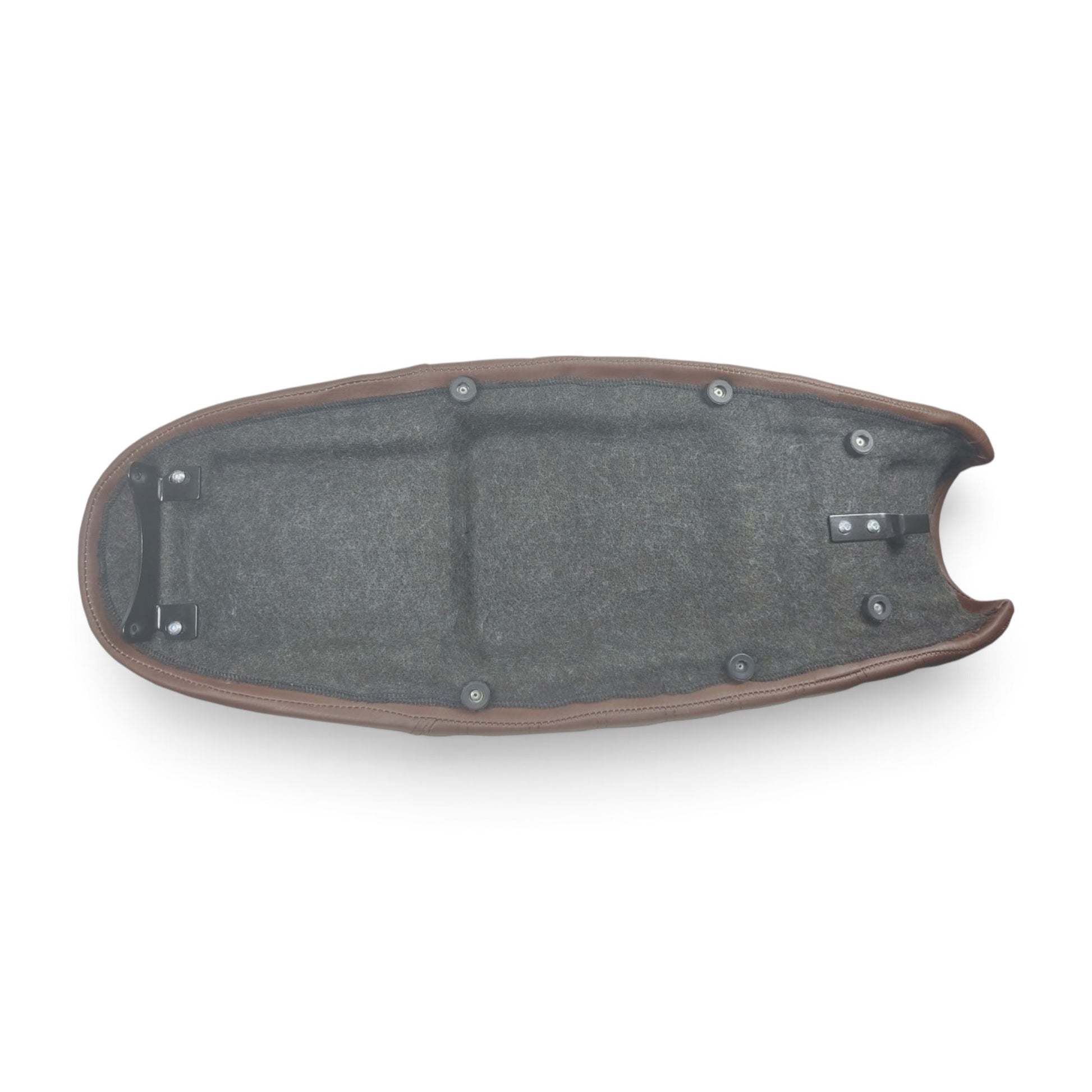 Champ Customs Shop Triumph Bonneville dual gel seat with brown leather and diamond stitching, underside view.