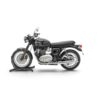 Champ Customs Shop dual gel motorcycle seat with tuck and roll stitching on a black Triumph Bonneville motorcycle