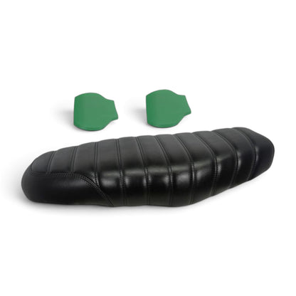 Champ Customs Shop black dual gel motorcycle seat with tuck and roll stitching and two green gel inserts