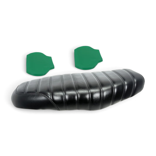 Champ Customs Shop black tuck and roll dual gel seat for Triumph Bonneville with two green gel comfort pads