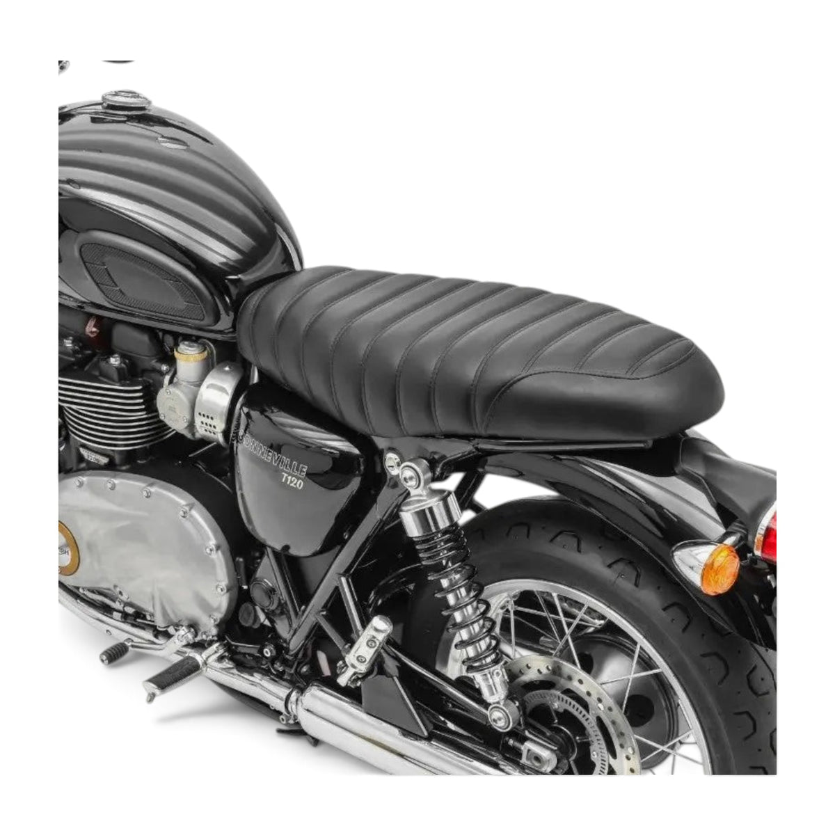 Champ Customs Shop black dual gel motorcycle seat with tuck and roll stitching on a Triumph Bonneville T120