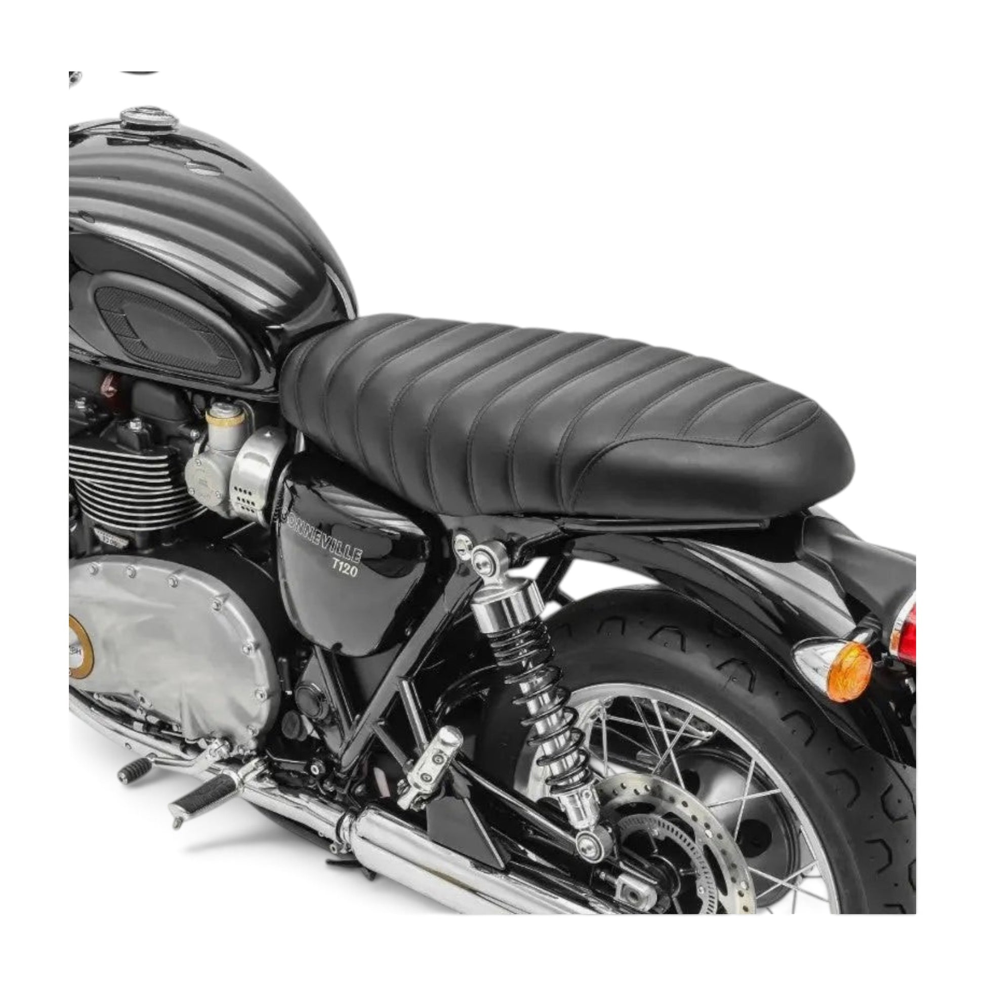 Champ Customs Shop black dual gel motorcycle seat with tuck and roll stitching on a Triumph Bonneville T120