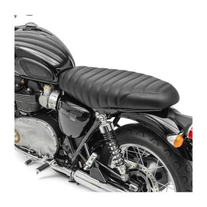 Champ Customs Shop black dual gel motorcycle seat with tuck and roll stitching on a Triumph Bonneville T120