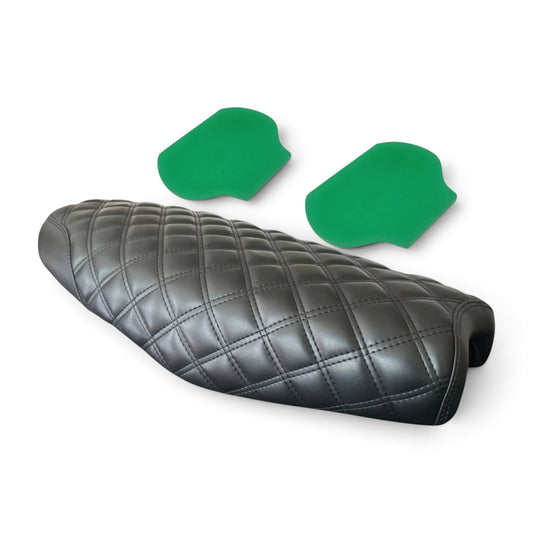 Champ Customs Shop black diamond-stitched dual gel seat for Triumph Bonneville T100 and T120 with green gel inserts