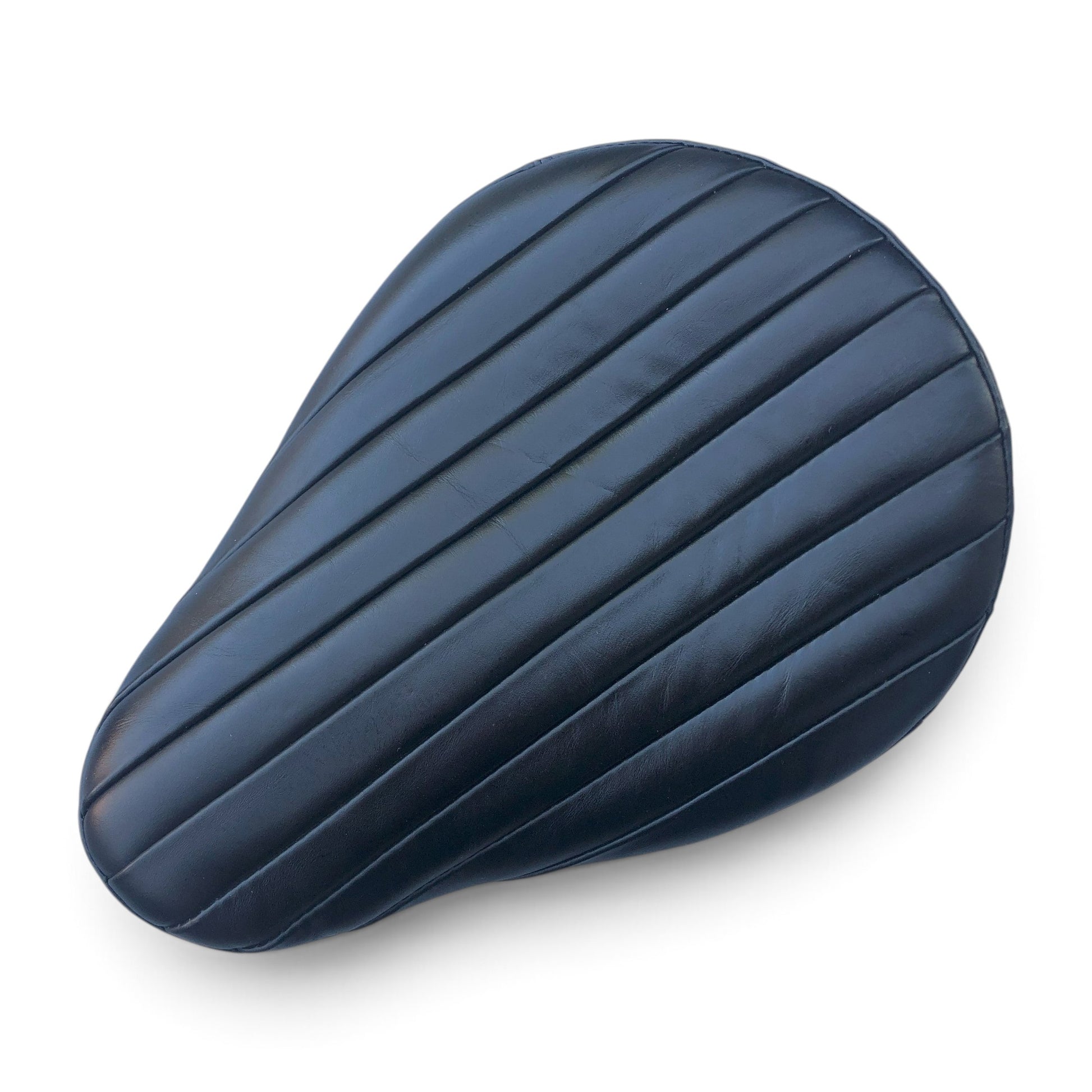 Champ Customs Shop vintage Bates style black leather motorcycle seat with vertical stitching for custom choppers