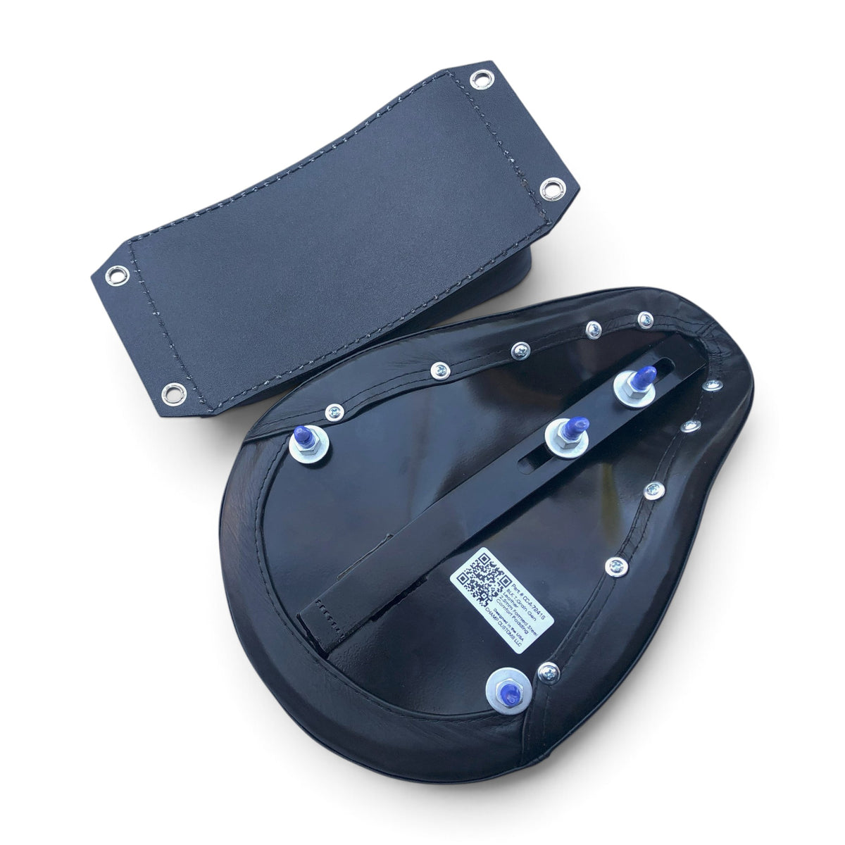 Champ Customs Shop vintage black leather motorcycle seat and pillion pad with steel base and hand-stitched details.