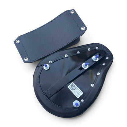 Champ Customs Shop vintage black leather motorcycle seat and pillion pad with steel base and hand-stitched details.