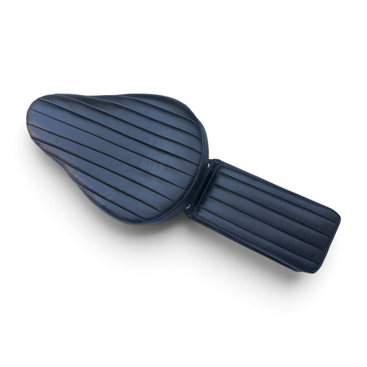 Champ Customs Shop vintage Bates style black aniline leather motorcycle seat and matching pillion pad for choppers