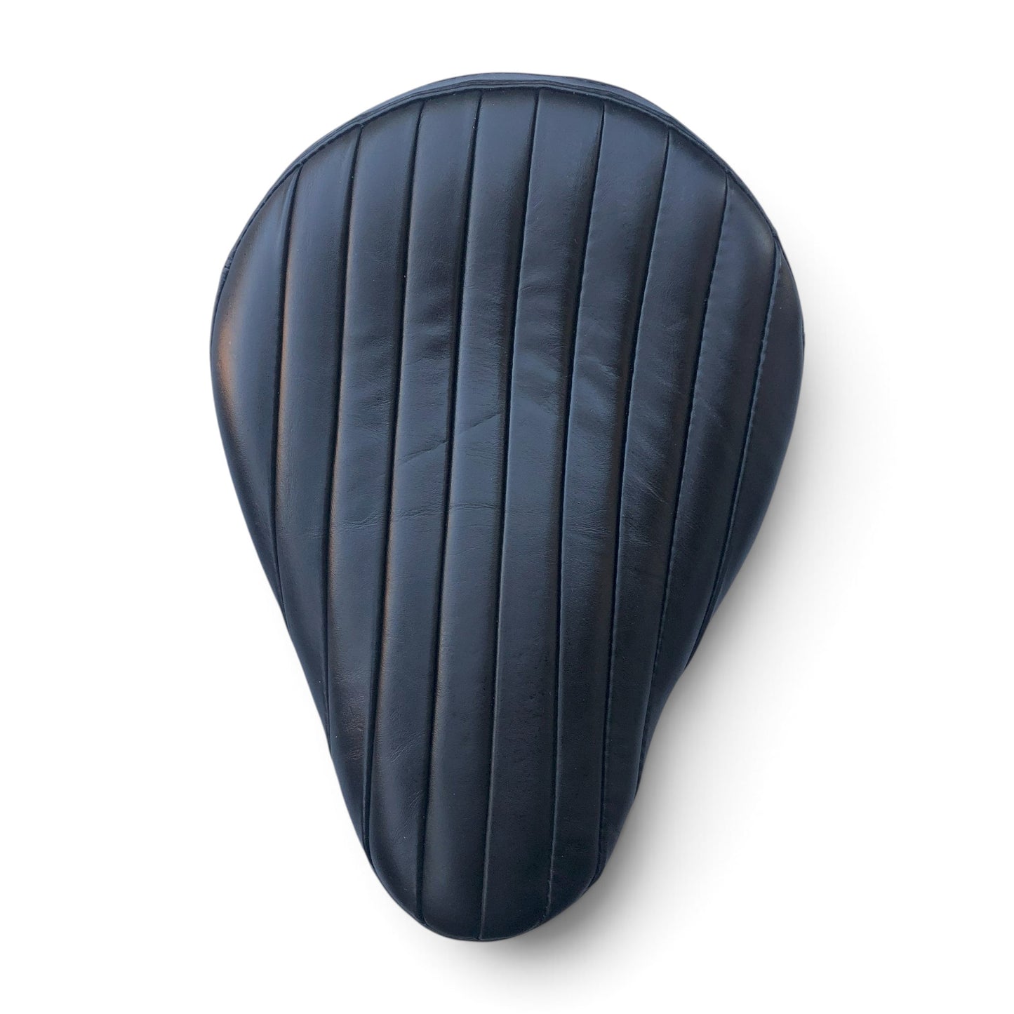 Champ Customs Shop vintage Bates style black aniline leather motorcycle solo seat with vertical stitched pattern