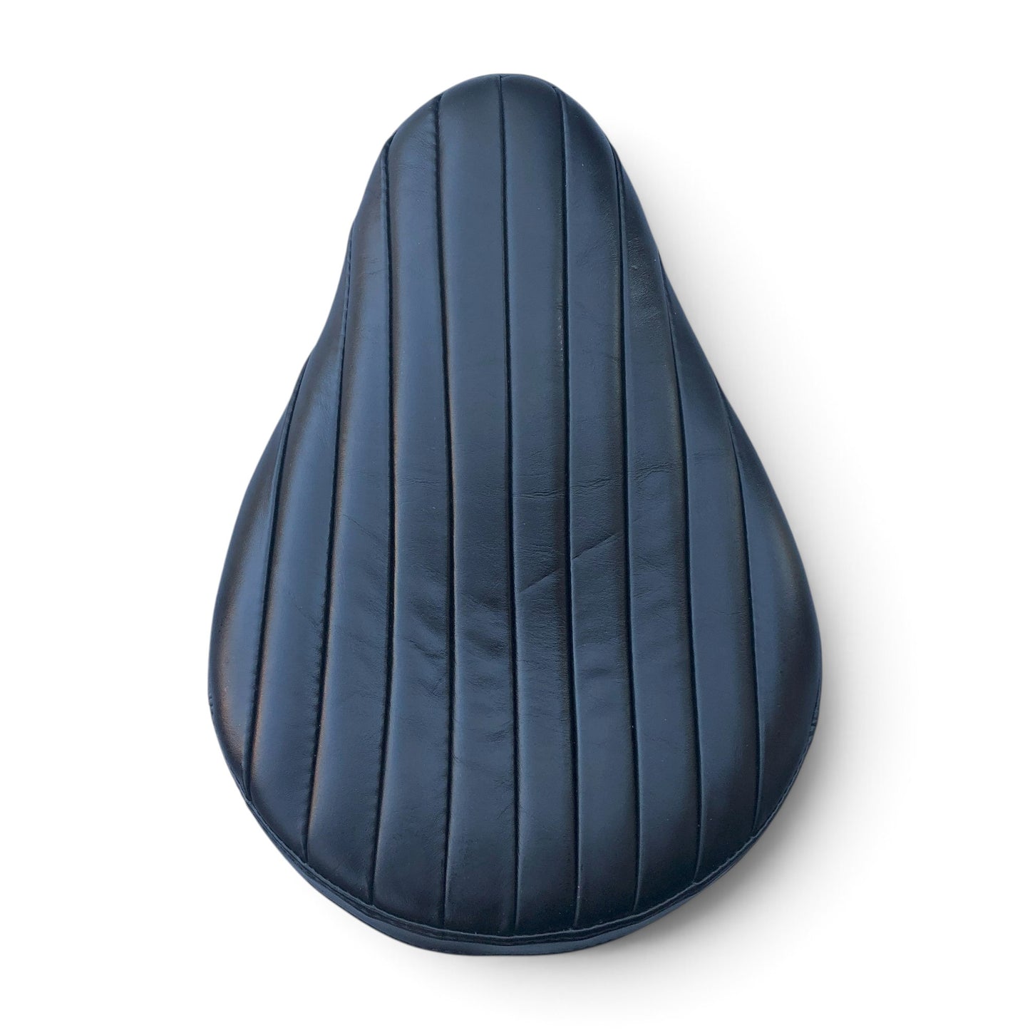 Champ Customs Shop vintage Bates style black aniline leather motorcycle seat with vertical stitching for custom builds