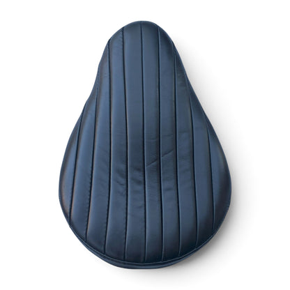 Champ Customs Shop vintage Bates style black aniline leather motorcycle seat with vertical stitching for custom builds