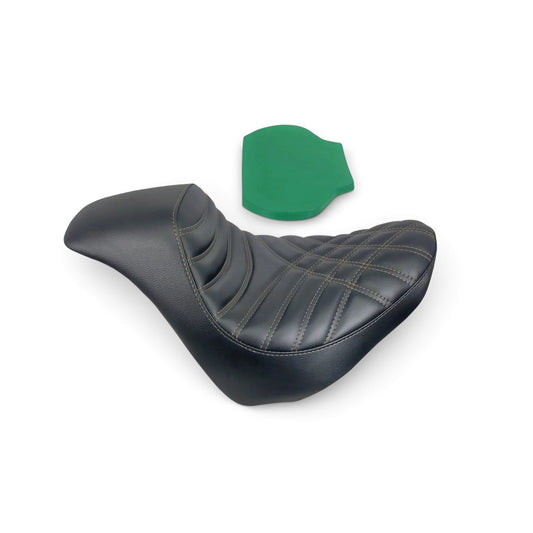 Harley Davidson Fat Bob gel seat with black vinyl, criss cross stitching, and green gel insert.